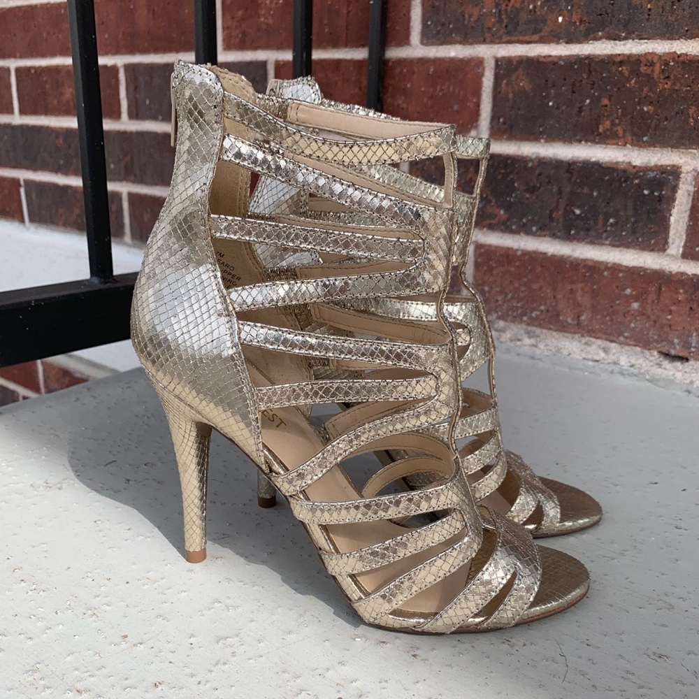 Metallic gold Nine West caged stilettos